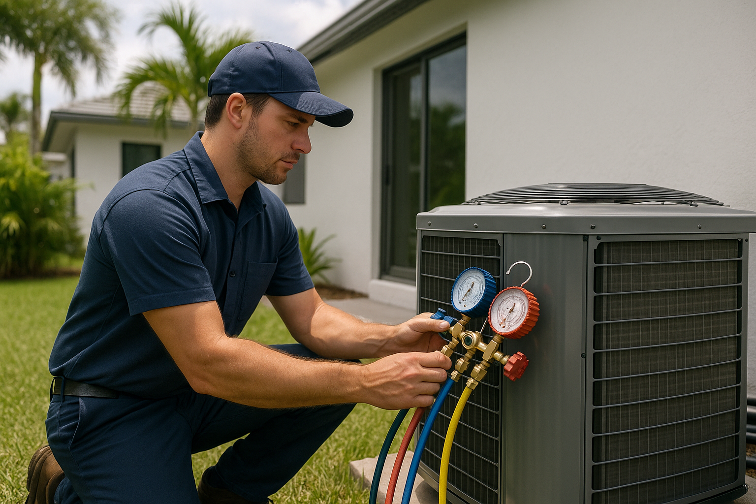 hvac maintenance west palm beach technician servicing a home ac unit during seasonal tune-up